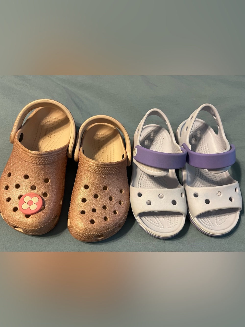 CROCS Sz10 kids Glitter Clog in Rose Gold and Lavender with Purple Strap